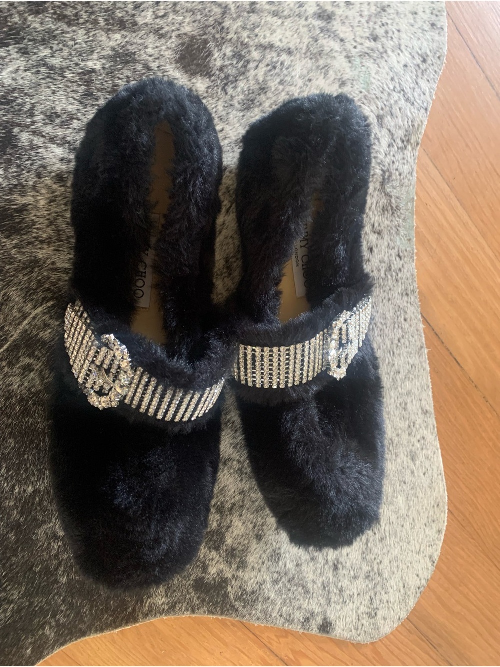 Jimmy Choo Black Faux-Fur Mules with Crystal-Embellished Straps